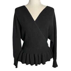 Ribbed Knit Batwing Wrap Sweater L Black V Neck Low Back Peplum Long Sleeves